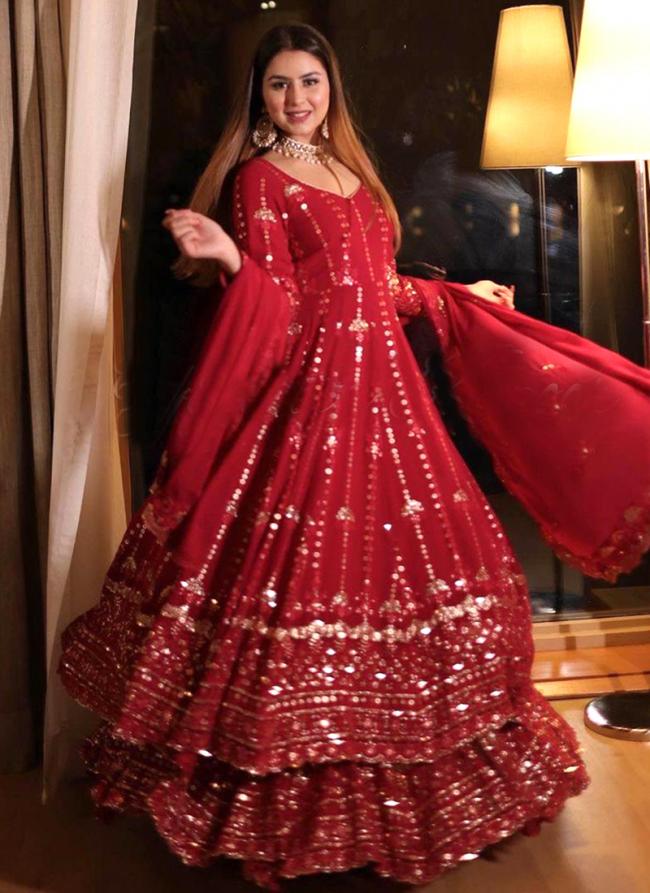 Georgette Red Festival Wear Embroidery Work Readymade Sharara Suit